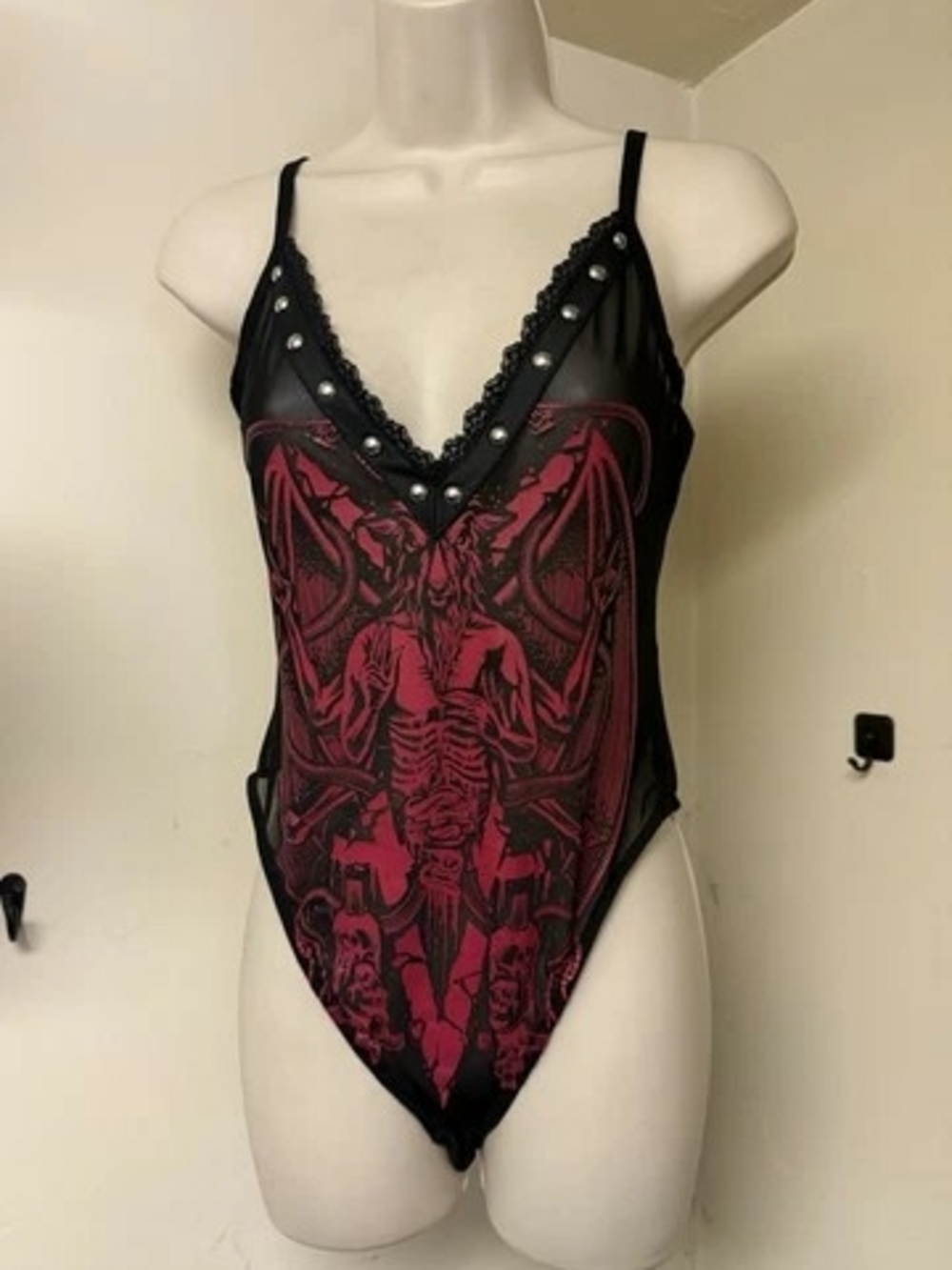 Killstar Black Red Gothic Studded Lace Graphic Bodysuit Adjustable Strap